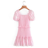 Hoobd High Quality 2023 Summer Pink Short Sleeve Women Ruffled Mini Dress