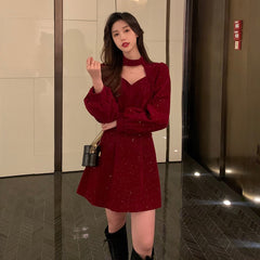 Hoobd Red Velvet Elegant Party Mini Dress Women Sequins Long Sleeve Wram Vintage Dress Ladies Casual Korean A-line Dress 2023 New Year