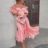 Women Sexy Hollow Out Solid Ruffles Dress Summer Loose Lace Patchwork Casual Dress Elegant Strapless Party Dresses Vestidos