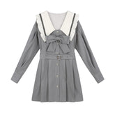 Kawaii Preppy Style Dress Women Bow Belt Elegant Vintage Dresses Puff Sleeve Sailor Collar Long Sleeve Gray Robe Korean