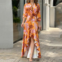 Hoobd Women Maxi Dress Autumn Fashion Sexy V Neck Art Print Long Sleeve Slim irregular Ruffle Skirt Party Evening Dresses