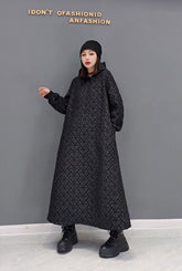 Hoobd2023 Autumn Winter New Leisure Jacquard Craft Hooded Dress Women Pure Color Large Size Pullover Dress Black