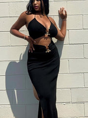 2023 Summer Cut Out Long Dress Black Sleeveless Women Metal Sexy Backless Halter Neck Maxi Dresses Party Club Clothes