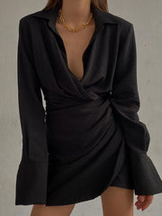 Elegant Black Padded Shoulder Shirt Dresses for Women Long Sleeve Fashion Sexy Ruched Casual Evening Party Mini Dress White