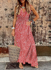 Hoobd2023 Casual Spring Summer Women Dress Floral Print V-Neck TANK Sleeveless Elastic Waist A-LINE Ankle-Length Beach Style Dress