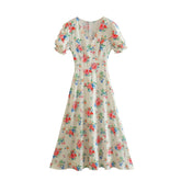Women Floral Print Puff Short Sleeve Dress V Neck Romantic Ladies Holiday Summer Dresses French Style Vestido