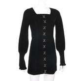 Elegant Fashion Velvet Dress Korean Style Square Collar Long Sleeve Mini Dresses For Women 2023 Autumn Winter Ladies