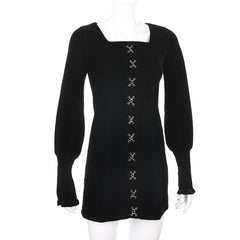 Elegant Fashion Velvet Dress Korean Style Square Collar Long Sleeve Mini Dresses For Women 2023 Autumn Winter Ladies
