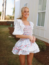 Hoobd mixed floral prints ruffled party dress puff sleeve square neck smocked sexy laides dress mini chic summer dress