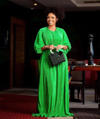 Women Pleated Dress Half Lantern Sleeves O Neck High Waist Maxi Long Summer Spring African Female Gown Elegant Classy 2023