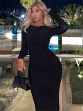 Elegant Sexy Bodycon Maxi Prom Dress Ribbed O Neck Long Sleeves Fall Winter Women Casual Streetwear Birthday Party Dress