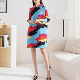 Miyake Pleated Loose Plus Size Dress for Women 2023 Spring Autumn Fashion Printed Square Collar Single Breasted Plump Girls Tops