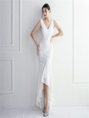 Elegant Women Beading Sleeve Long Prom Mermaid Dress Sexy Deep V Neck Sequin Evening Party Maxi Dress