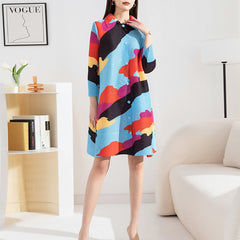 Miyake Pleated Loose Plus Size Dress for Women 2023 Spring Autumn Fashion Printed Square Collar Single Breasted Plump Girls Tops