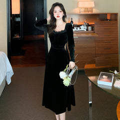 2023 New Spring and Fall Vintage Black Long Sleeve Dress Woman Elegant Fashion Velvet Midi Dress Korean Style Even Party Dresses