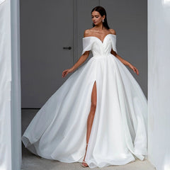 Gorgeous Off The Shoulder V-ncek Organza A Line Wedding Dresses Side Slit Back Bow Boho Wedding Gowns Princess Robe de Mariee