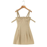 2023 Women Elastic Double Strap Sling Sexy Dress Summer Ladies Ruched Chest Corset Style Slim Waist Pleated A-line Mini Robe