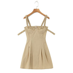 2023 Women Elastic Double Strap Sling Sexy Dress Summer Ladies Ruched Chest Corset Style Slim Waist Pleated A-line Mini Robe