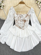 Hoobd Early Autumn Dress Retro Gothic Women White Black Bandage Mini Dress Sexy Off Shoulder Puff Sleeve Korean Vestidos