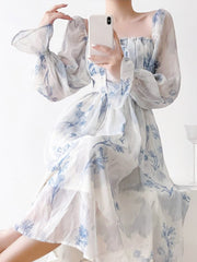 2023 Summer French Elegant Floral Midi Dress Party Chiffon Vintage Fashion Dress Beach Long Sleeve Casual Dress Office Lady Chic