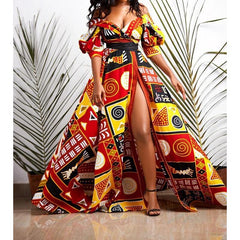 Hoobd Dashiki Print Ankara Dresses African Women Clothes Summer Bohe Sexy V-neck Backless Slit Maxi Dress Kanga Clothing Plus Size