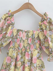 Hoobd Summer Women Rose Floral Print Dress Sexy Backless Puff Sleeve Ladies Holiday Party Mini Dresses