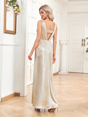 Lucyinlove Luxury Gold Sequin Backless V-Neck Sleeveless Evening Dress Floor Length Cocktail Party Dresses Prom For Women 2023