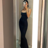 2023 Summer Women Sexy Spaghetti Strap Black Skims Long Dress Y2k Sleeveless Solid Skinny Bodycon Trumpet Maxi Dresses Vestidos