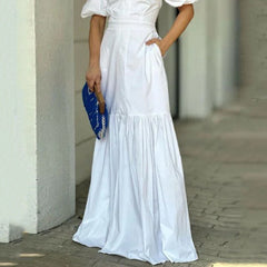 Women Maxi Dress Summer Puff Sleeve V Neck Lapel Solid Nipped Waist Backless Slit Evening Party Dresses High Streetwear