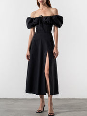 Puff Sleeve White Dress Off Shoulder Cut out Tie up Side Split Ruched Long Dress robe femme Summer Dress for Women