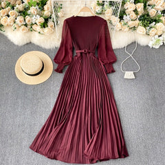 Women's Elegant Long Dress Spring and Summer Bubble Long Sleeve Pleated Belt Long Skirt 2023 Ladies French Temperament New Dress