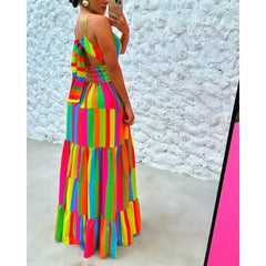 Colorblock V-Neck Spaghetti Strap Tie Detail Maxi Dress