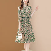 Chiffon Dress Women Puff Sleeve Elegant Big Swing Spring Dresses Slim With Belt A-line Dresses For Women Party Vestidos