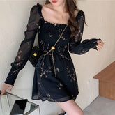 Autumn Womens Sexy Black Dress Vintage Flower Long Puff Sleeve Chiffon Dresses Korean Casual Mini Vestidos Mujer Clothes 13676
