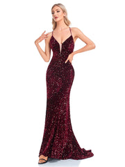 Deep V Neck Burgundy Sequin Evening Dress Sexy Suspenders Party Maxi Dress Mermaid Long Prom Dresses For Women 2023