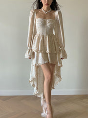 Sexy Elegant Floral Dress Women Vintage Long Sleeve Double Ruffles Patchwork Dress Irregular Streetwear French Style