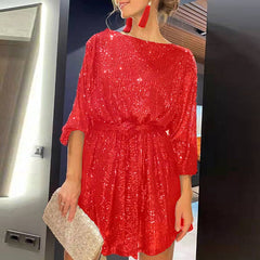 Autumn Winter Elegant Solid Sequin Party Dress Women Casual Long Sleeve A-Line Dress Lady Fashion Shiny Loose Mini Dress Vestido