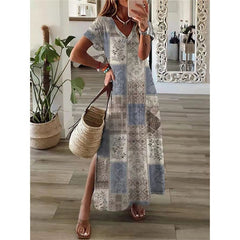 Hoobd Vintage Print Maxi Dress Women 2023 Summer Elegant V Neck Short Sleeve Loose Split Casual Dress Female Party Boho Beach Vestidos