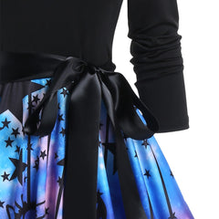 Pumpkin Ghost Star Galaxy Print Halloween Dress Long Sleeve Belted Flare Combo Dress Autumn Knee Length Casual Dress for Women