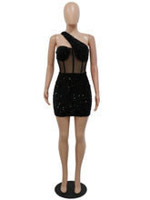 Hoobd Sexy Glitter Sequined Mesh Patchwork Mini Dress Summer Women Sleeveless One Shoulder Bodycon Night Clubwear Dress