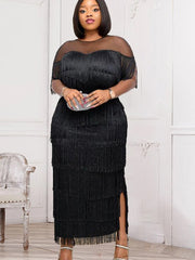 2023 Women Fringe Party Dresses Elegant Net Shoulder Sleeveless Large Size Long Dress for Birthday Dinner Event Wedding Guest