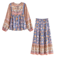 2023 Two Pieces Dress Sets Flower Shirt and Skirts Boho Matching Sets Fashion Mujer Maxi Dress Printing Ensemble Femme 2 Pièces