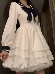 Autumn Japanese Kawaii Mini Dress Women College Style Bow Sweet Chic Fluffy Dress Korean Style Elegant Casual Dress Female