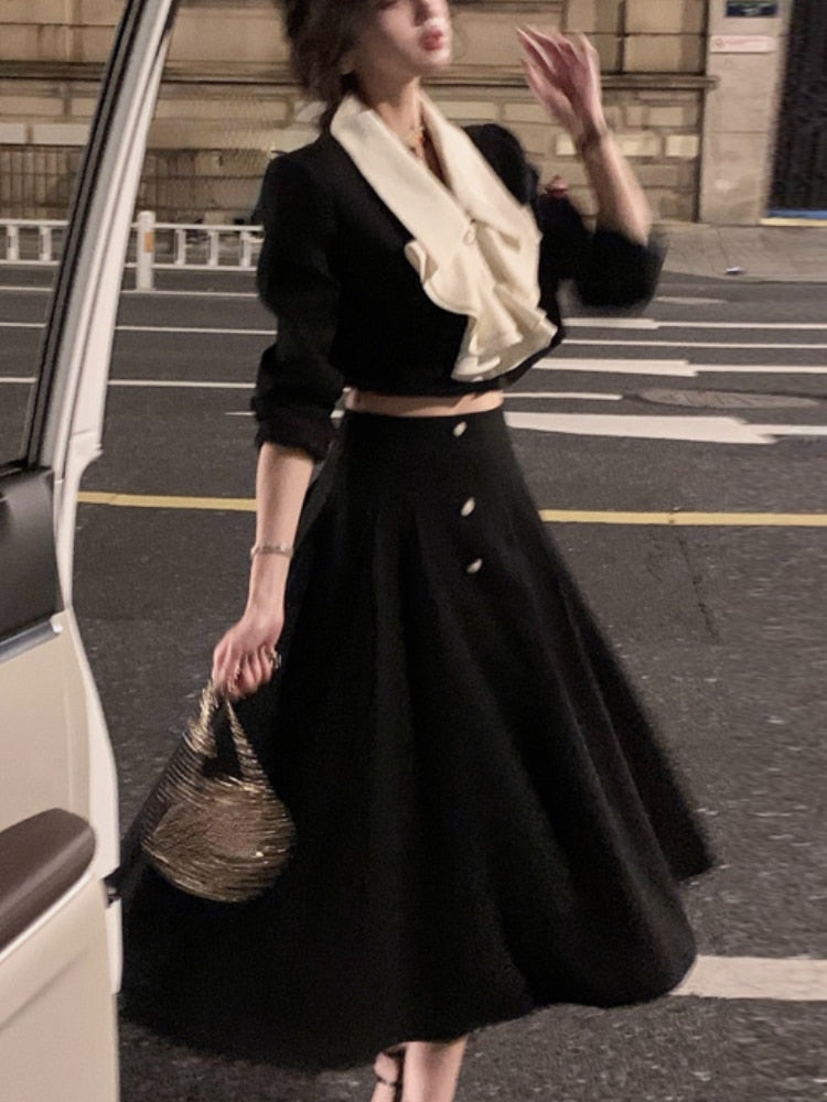 Zjkrl - Korean Suit Autumn Elegant 2 Piece Dress Set Office Lady Long  Sleeve Crop Tops + Casual Black Midi Skirt Woman Slim Retro  Hoobd