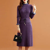 Fake Two Pieces Pleated Knitted Dress Women Vintage Ruffle Long Sleeve Bottoming Sweater Dresses Fall Casual Slim Midi Vestidos