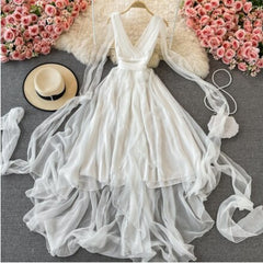 Autumn Khaki/White Bandage Chiffon Long Dress Sexy Deep V-Neck Sleeveless High Waist Vestidos Vacation Beach Maxi Robe 2023 New