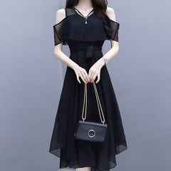 Hoobd Elegant Fashion V-neck Zipper Off Shoulder Short Sleeve A-LINE Dress Summer Black Solid Color Chiffon Empire Women's Clothing