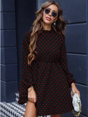 Print Women Dress Temperament Commuter One-step Skirt Red Polka Dot Dark Pattern Waist Puff Sleeve Dress 2023 Summer New