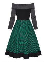 Hoobd Cable Knit Plaid Print Panel Dress Long Sleeve Lace Up Foldover Off the Shoulder Mini Dress For Women Spring Winter