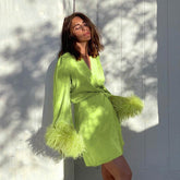 Spring Dress V-neck Feather Long Sleeve Print Mini Party Dress